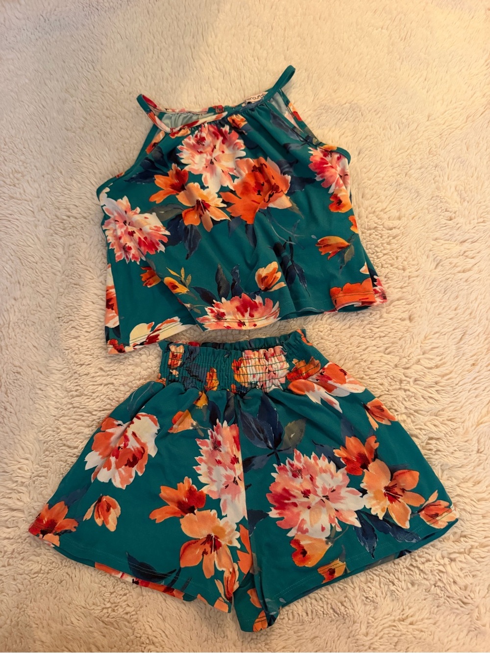 Girls Teal Floral Two-Piece Set - Tank Top & Shorts